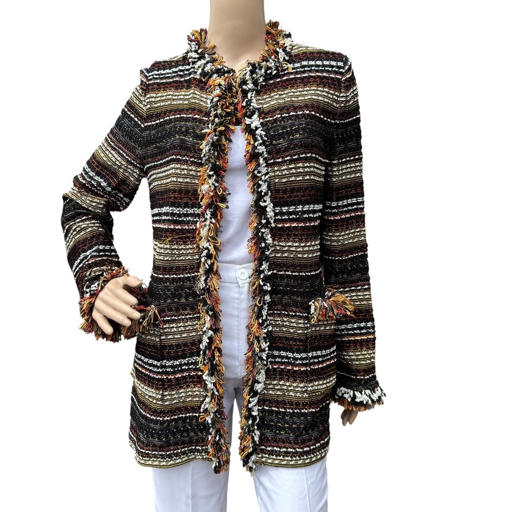St. John Multicolor Striped Fringe Knit Long Cardigan Jacket Size 4 Coat Topper